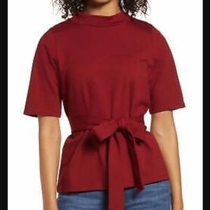 Halogen Red Tie Waist Mock Neck T-Shirt